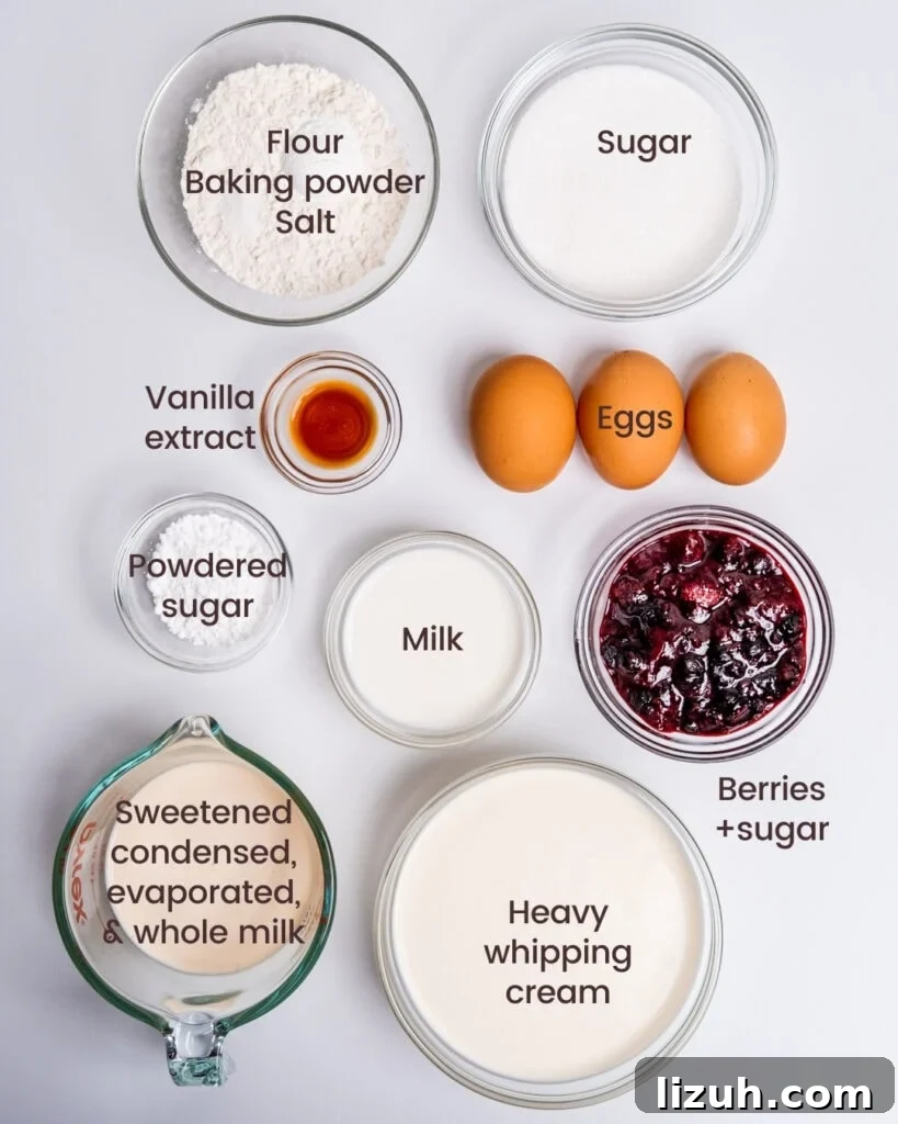 Ingredients for the milk and berries cake laid out on a white background