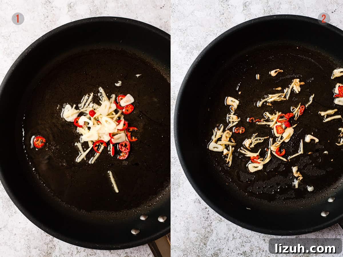 Ginger, garlic and chillies frying for a stir fry noodles.