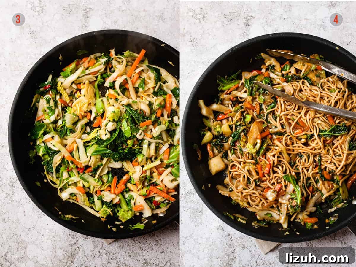 Vegetables added to a pan for soy sauce noodle stir fry.