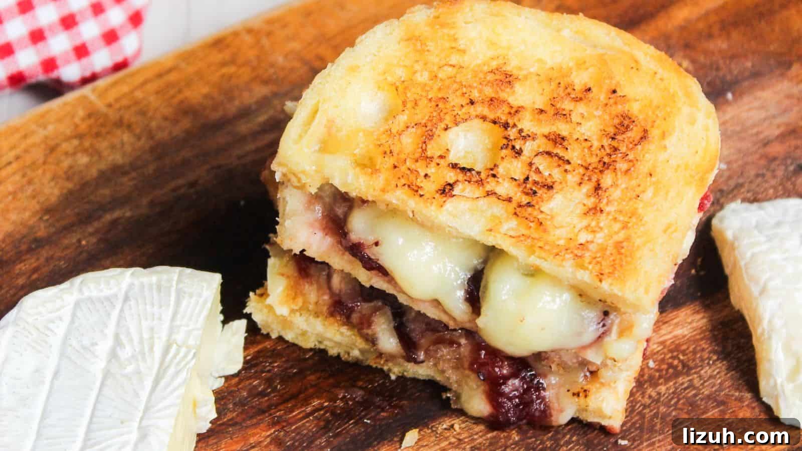 Grilled cheese sandwich with melted cheese and cranberry sauce on a wooden board.