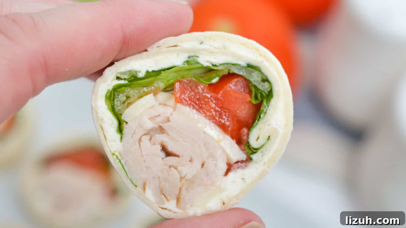 A close-up of a hand holding a turkey roll-up slice.