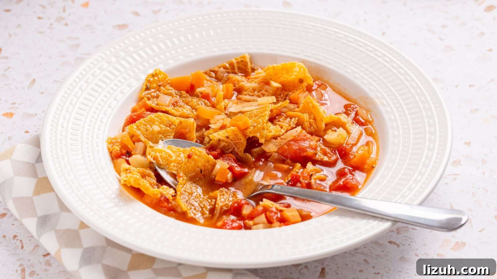 A bowl of hearty tomato-based soup with cabbage.