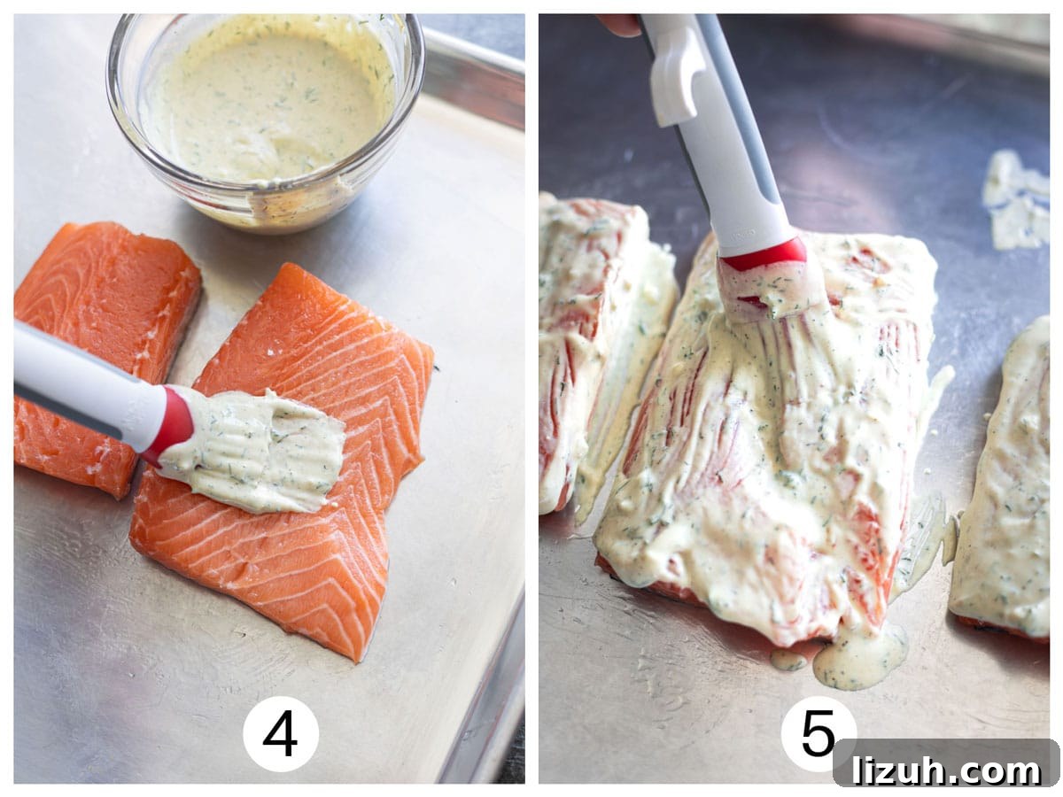 Step four and five, slathering the creamy dill sauce on top of the salmon fillets. 