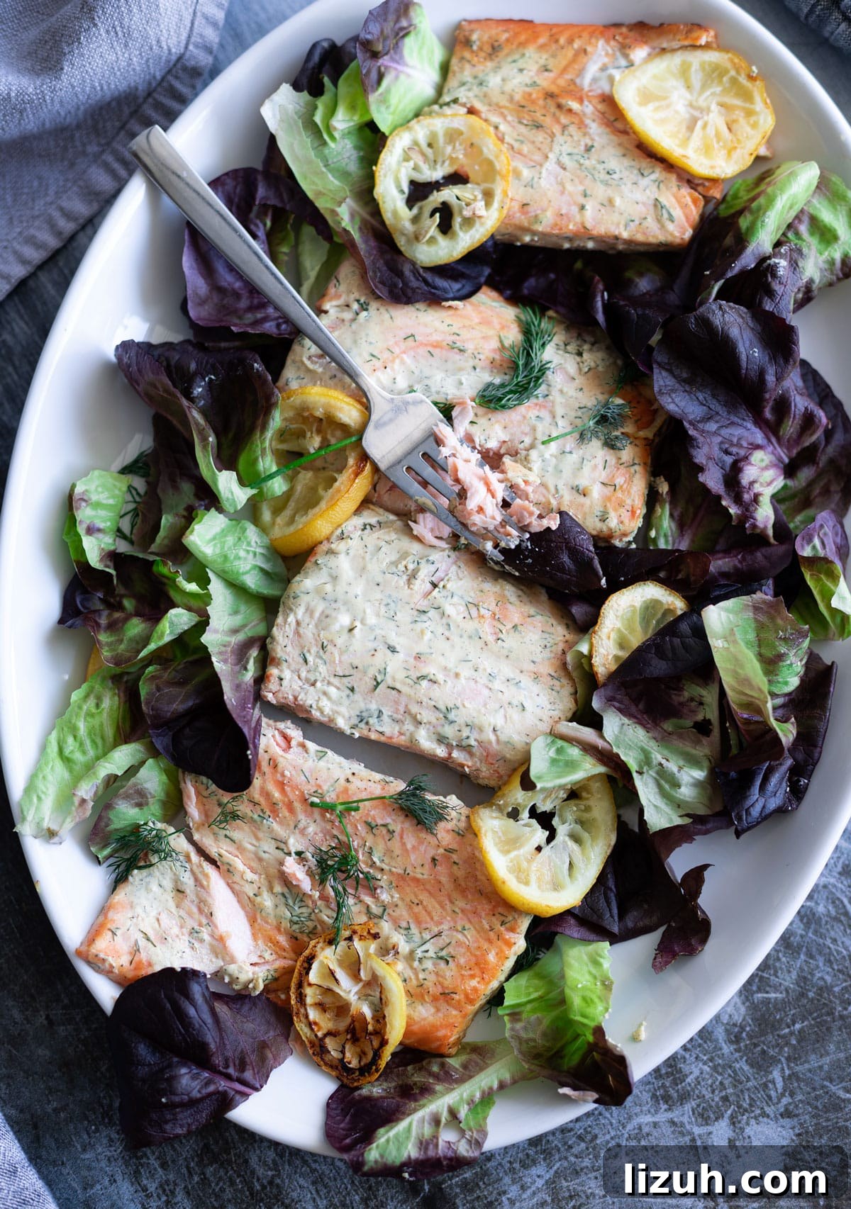 Salmon with dill sauce on a serving platter over a bed of mixed greens with roasted lemons.