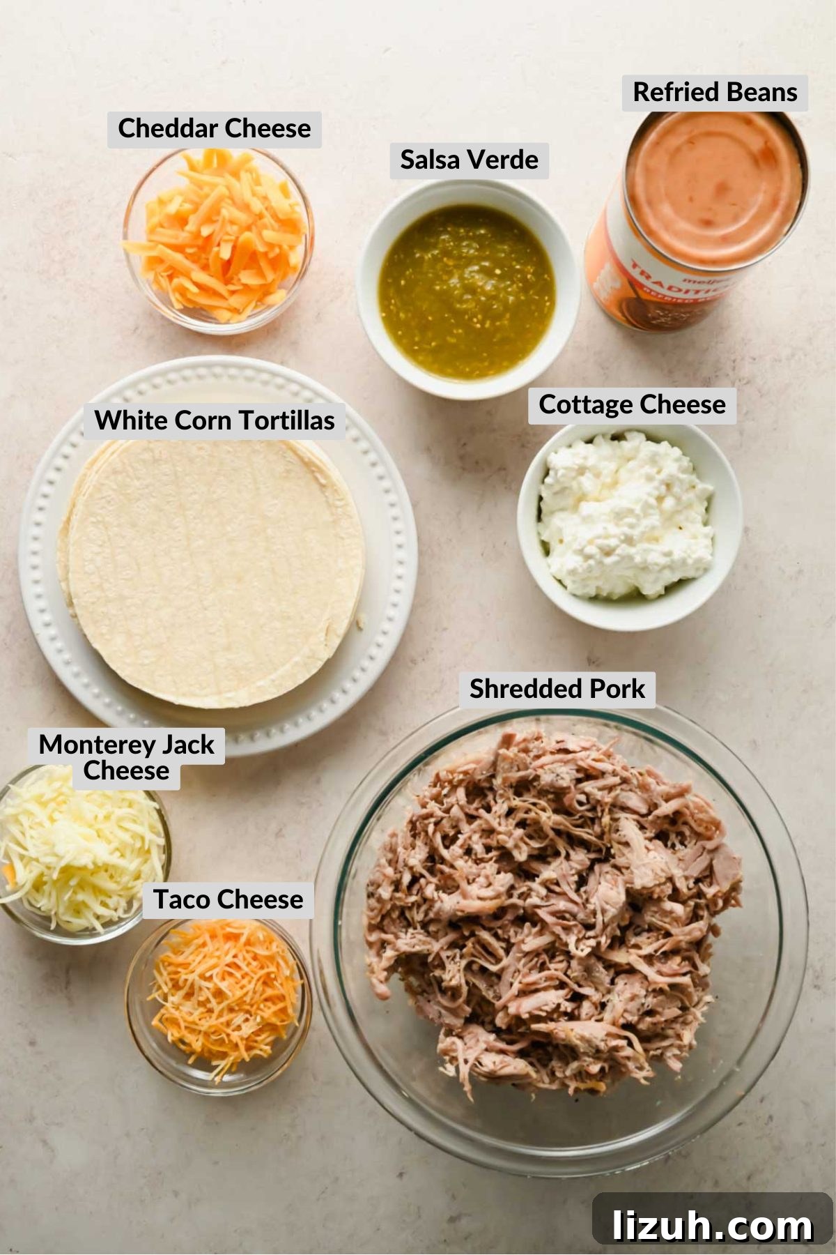 Slow-Cooked Shredded Pork Tacos with Tangy Salsa 3 labeled ingredients for crispy baked pork tacos in individual bowls.