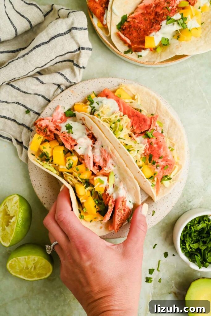 Slow-Cooked Shredded Pork Tacos with Tangy Salsa 6 two trout tacos topped with mango slaw served on speckled plate.