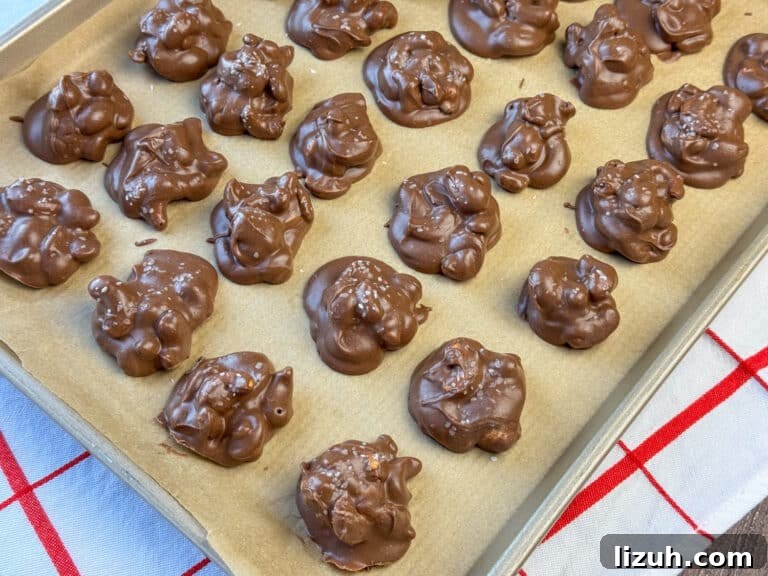 Overhead view of parchment lined baking sheet full of chocolate covered cashews on a red and white napkin.
