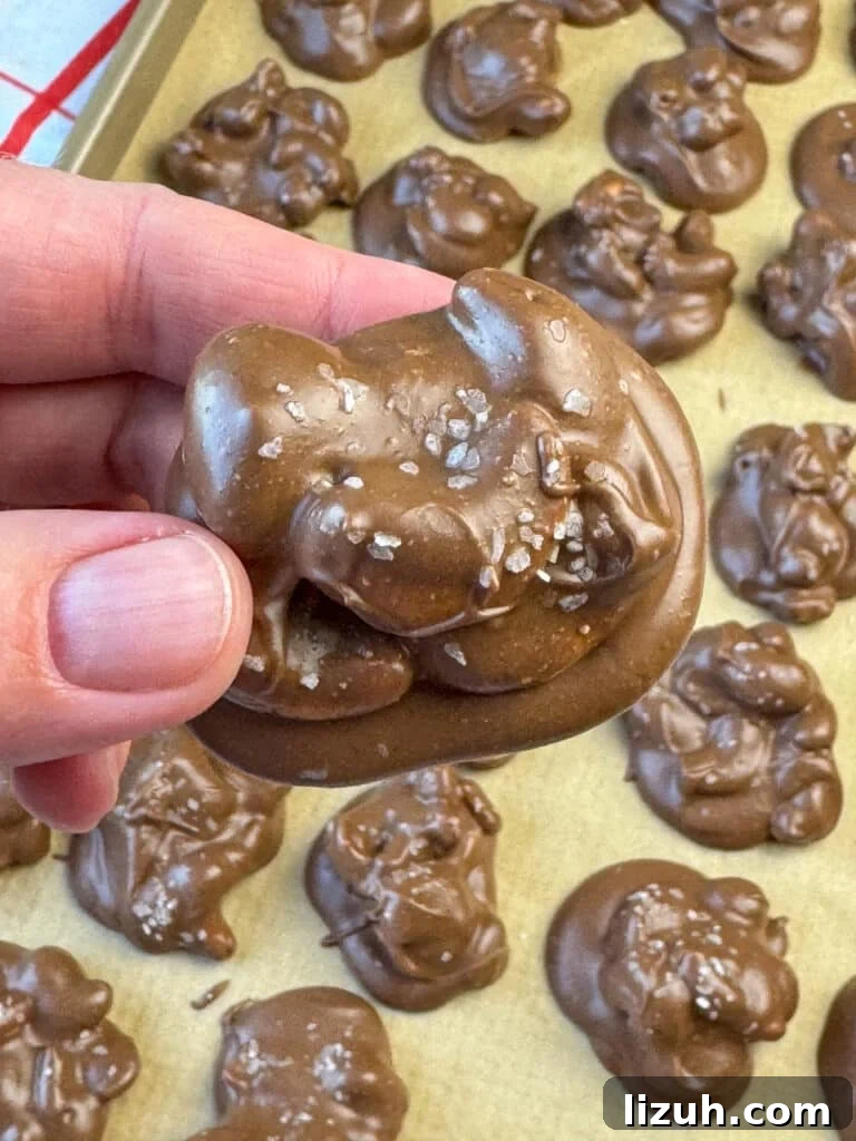 Hand holding a cluster of candy cashews covered in chocolate with sea salt above a full batch of chocolate cashews.