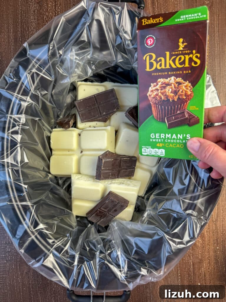 German's sweet chocolate added to white almond bark to make homemade candy.