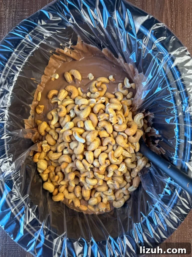 Whole cashews added to melted chocolate and ready to stir.