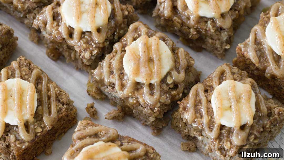 The top view of salted caramel banana baked oatmeal squares.