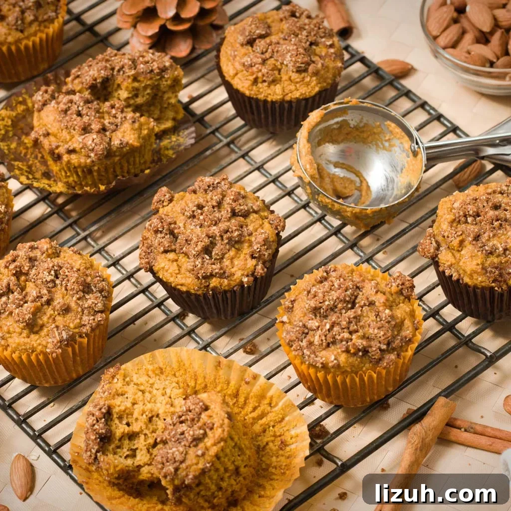 Gluten-free pumpkin muffins with oat cinnamon streusel on top on a cooling rack.
