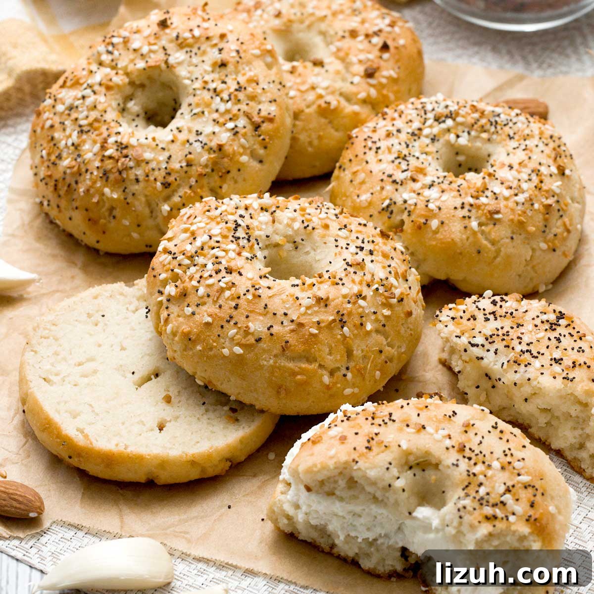 Greek yogurt low carb bagels on a kitchen counter.