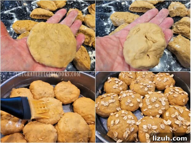 Oatmeal Molasses Dinner Rolls - The Grateful Girl Cooks! A 4-photo collage showing the rolls shaped and topped with butter and oats before baking.