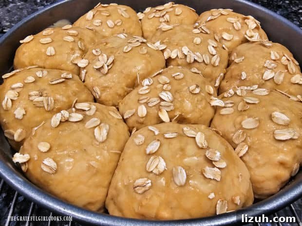 Oatmeal Molasses Dinner Rolls - The Grateful Girl Cooks! Oatmeal molasses dinner rolls have fully risen in a butter baking pan.