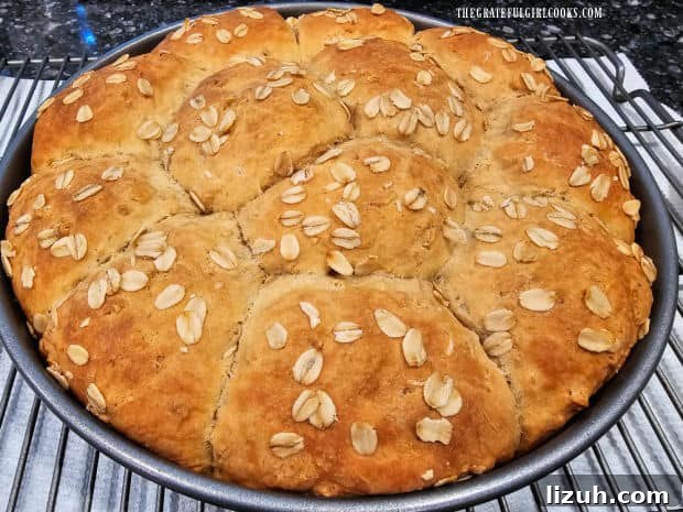 Oatmeal Molasses Dinner Rolls - The Grateful Girl Cooks! Baked oatmeal molasses dinner rolls are well-browned after coming out of the oven.