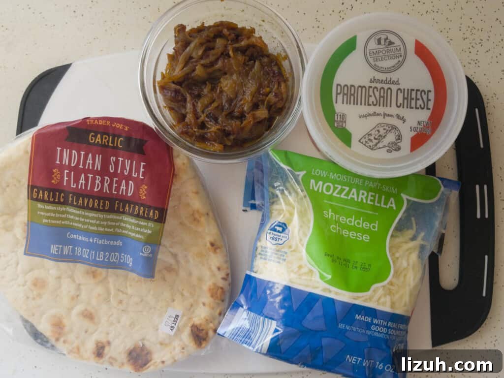 Naan Pizza with Caramelized Onions — Air Fryer or Oven Recipe 3 naan pizza with caramelized onions ingredients needed.