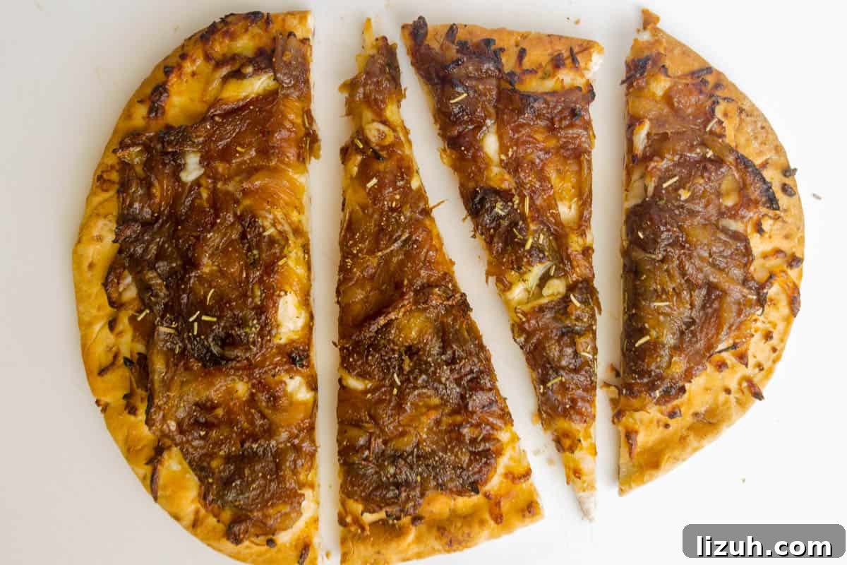 Naan Pizza with Caramelized Onions — Air Fryer or Oven Recipe 6 caramelized onion naan flatbread pizza