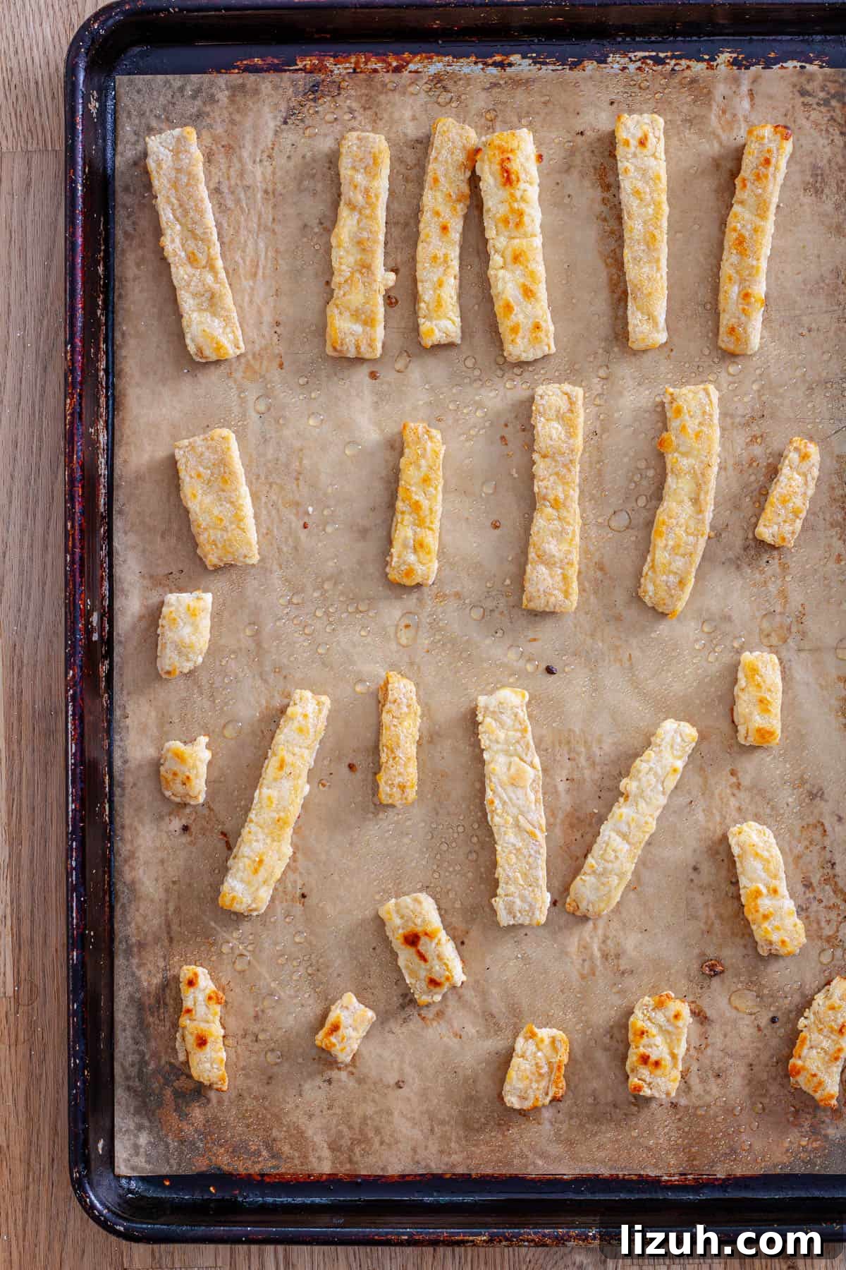 Crispy Buffalo Tofu Wraps with Cooling Ranch Slaw 7 Crispy oven-roasted tofu strips ready for tofu wraps.