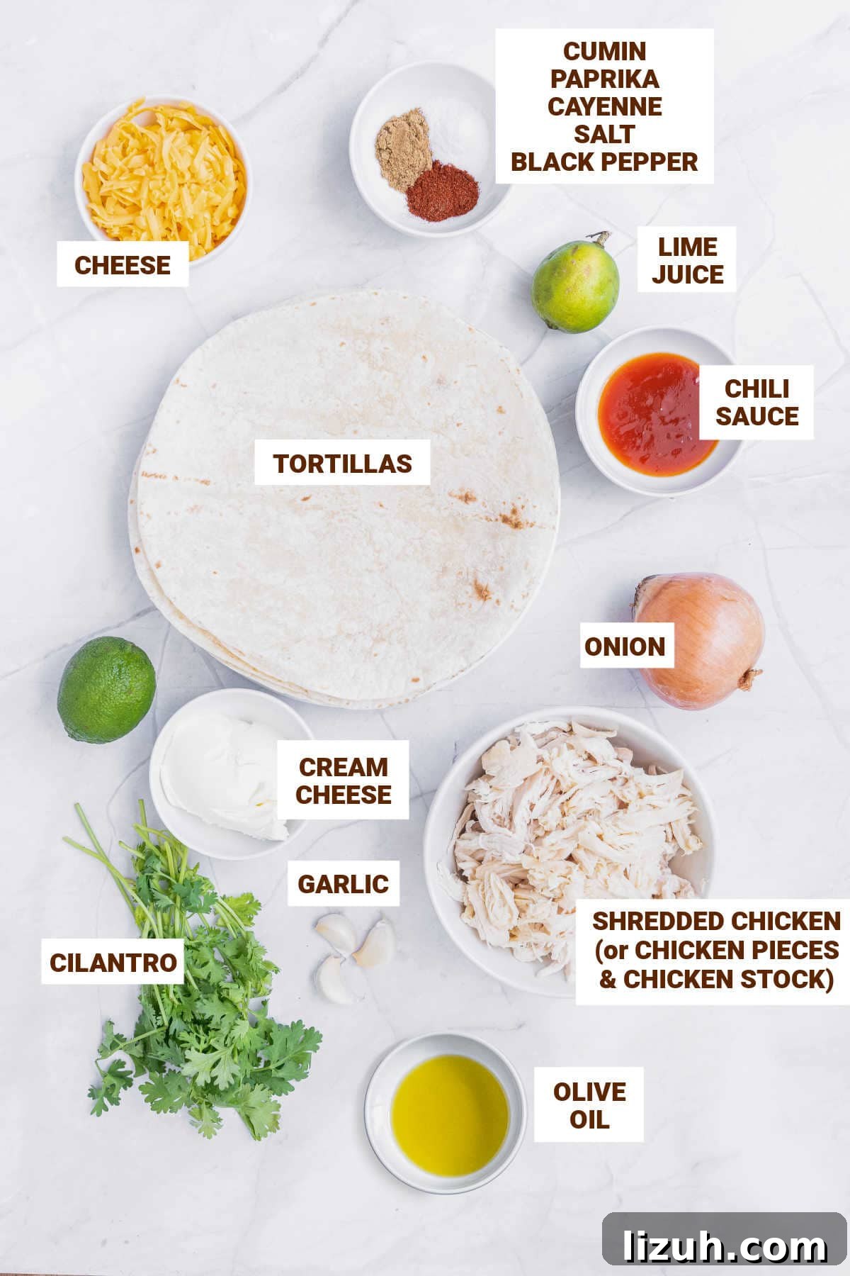 Crispy Baked Chicken Taquitos Recipe for a Flavorful Dinner 4 Ingredients for spiced chicken taquitos in bowls on a white surface.
