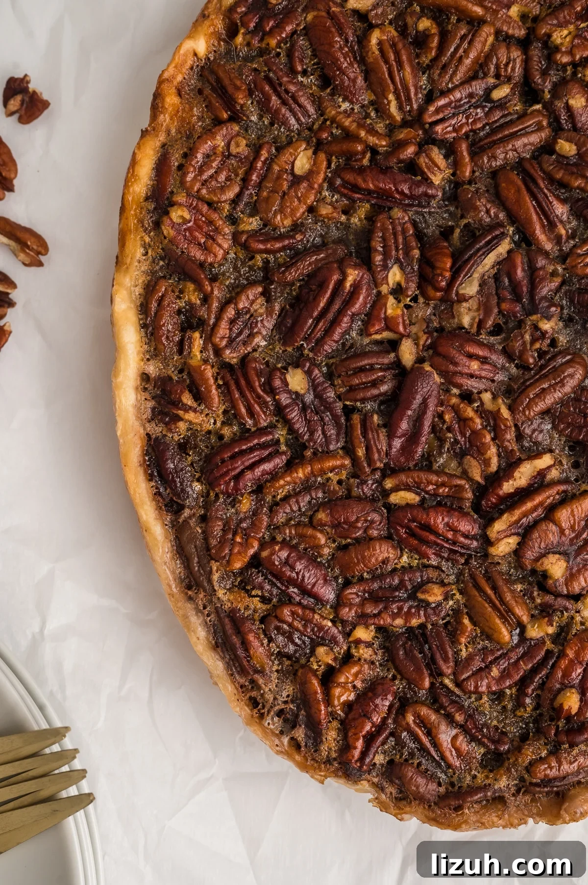 Close up of cooked pecan pie.