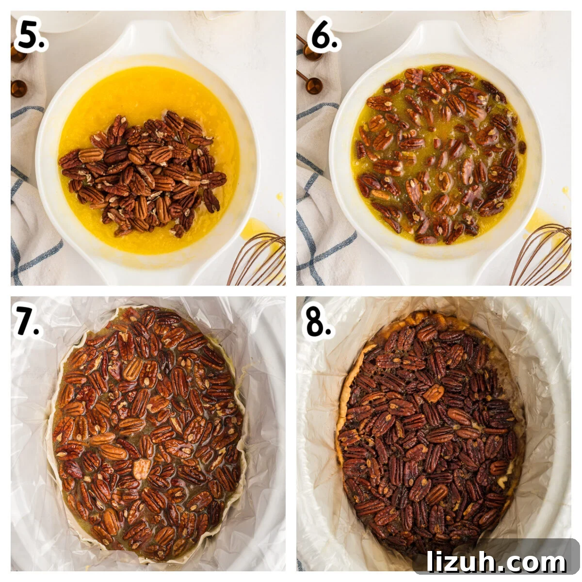 four images about how to make filling for pecan pie and put in crust in crockpot.