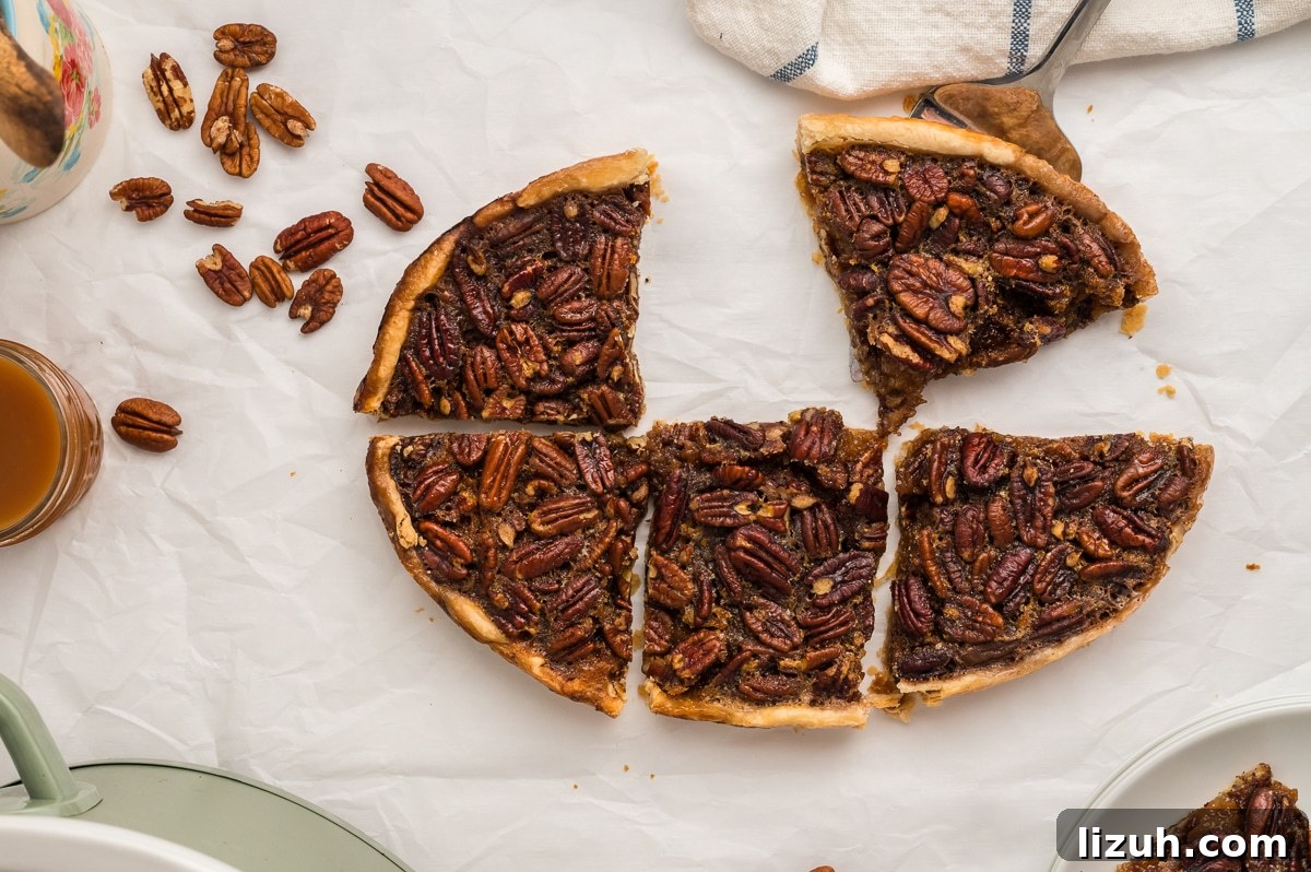 pecan pie cut into six pieces.