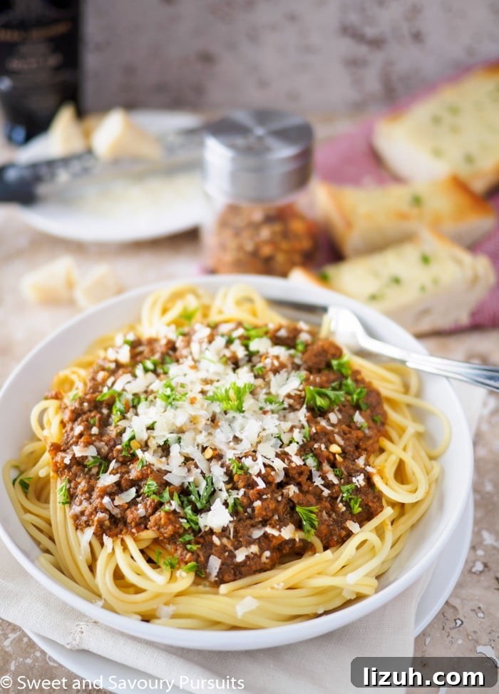 Classic Spaghetti with Savory Meat Sauce Recipe 2 Bowl of spaghetti topped with meat sauce.