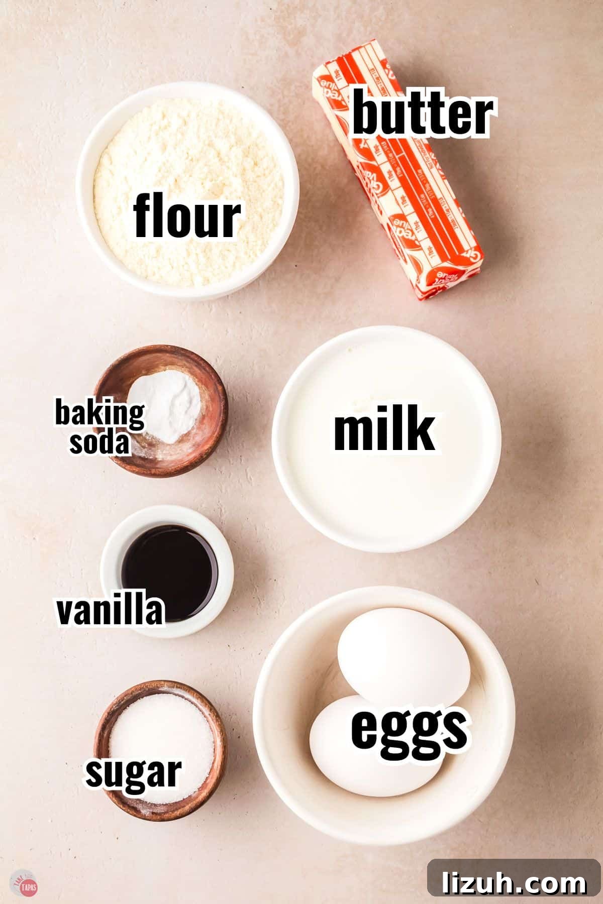ingredients for mini pancake skewers with text overlay labeling them