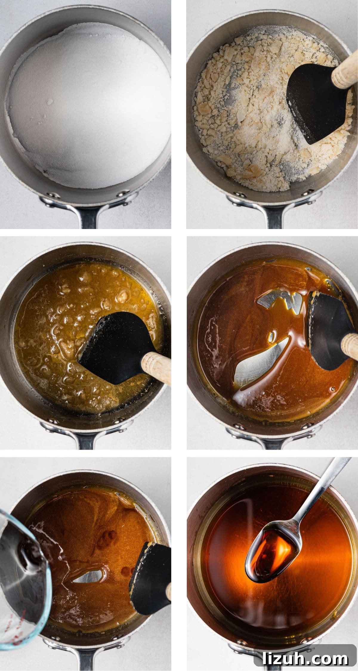 The process of making Vietnamese caramel sauce: add sugar to pot, melt the sugar on medium heat, add water, and heat to thicken.