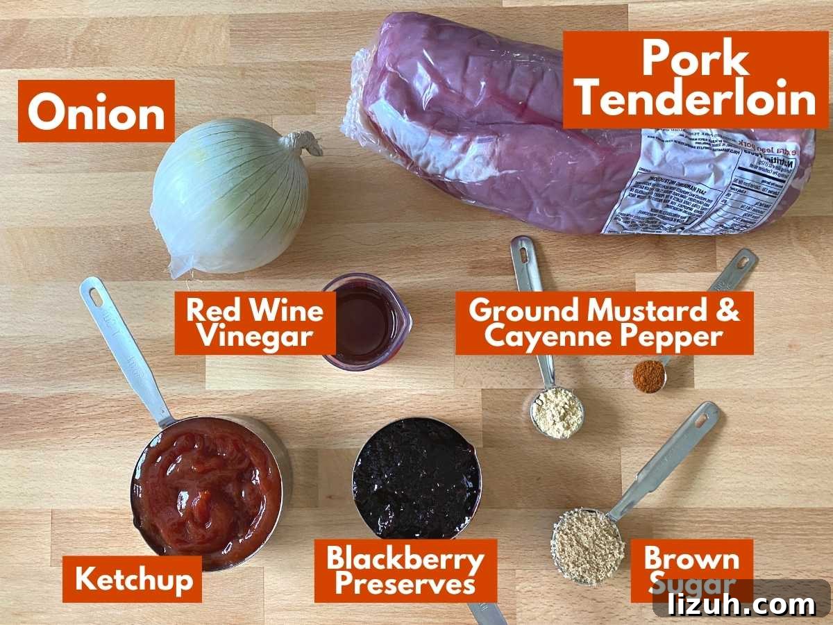 Slow Cooker Pulled Pork Tenderloin with Blackberry BBQ Sauce 3 Collage of ingredients to make pulled pork tenderloin with blackberry barbecue sauce: pork tenderloin, onion, ketchup, red wine vinegar, blackberry preserves, ground mustard, cayenne pepper, brown sugar, and pork tenderloin i packaging.