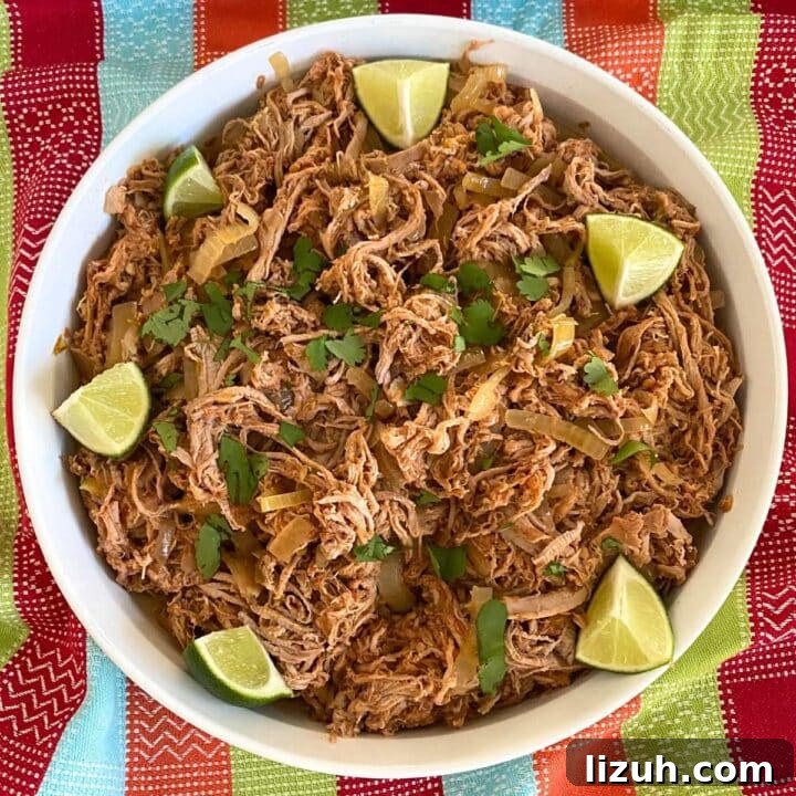 Salsa pork tenderloin carnitas in a round platter with lime wedges and cilantro.