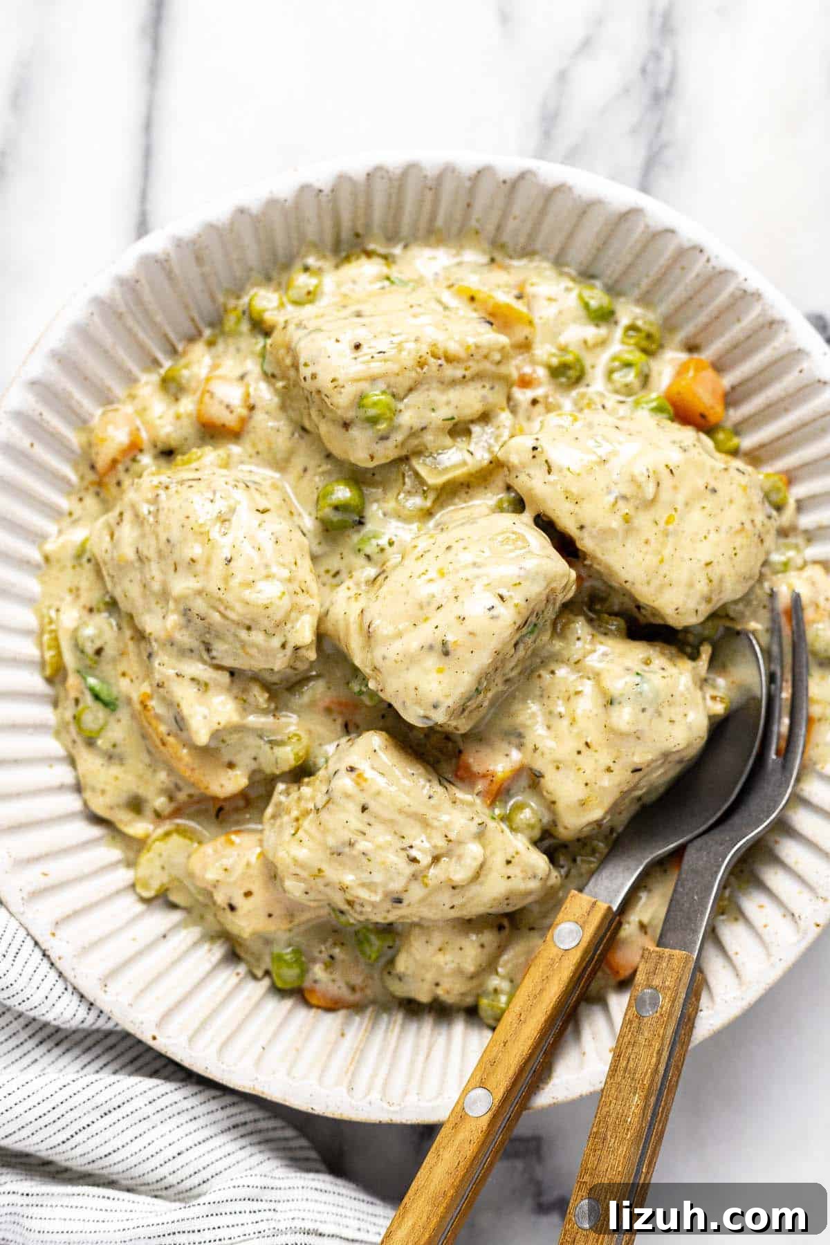 Slow Cooker Chicken and Dumplings: Comforting One-Pot Recipe 2 Bowl of crock pot chicken and dumplings.