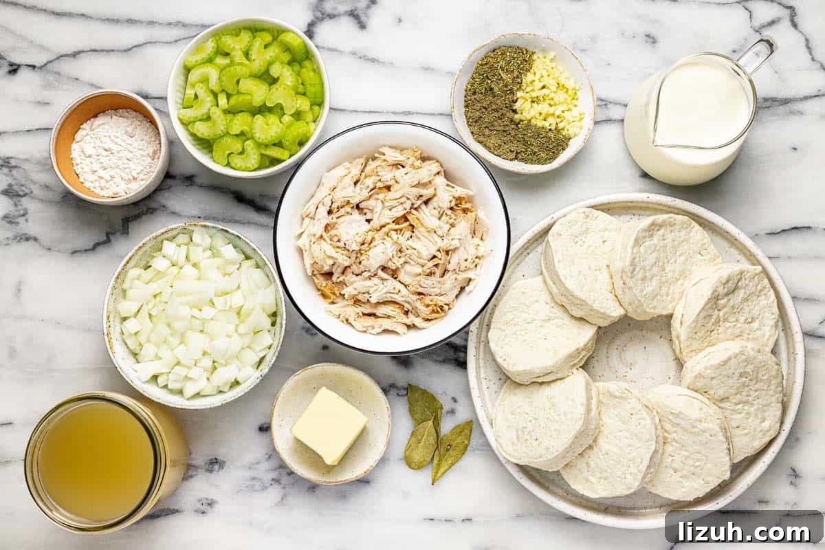 Slow Cooker Chicken and Dumplings: Comforting One-Pot Recipe 3 Bowls of ingredients to make slow cooker chicken and dumplings.