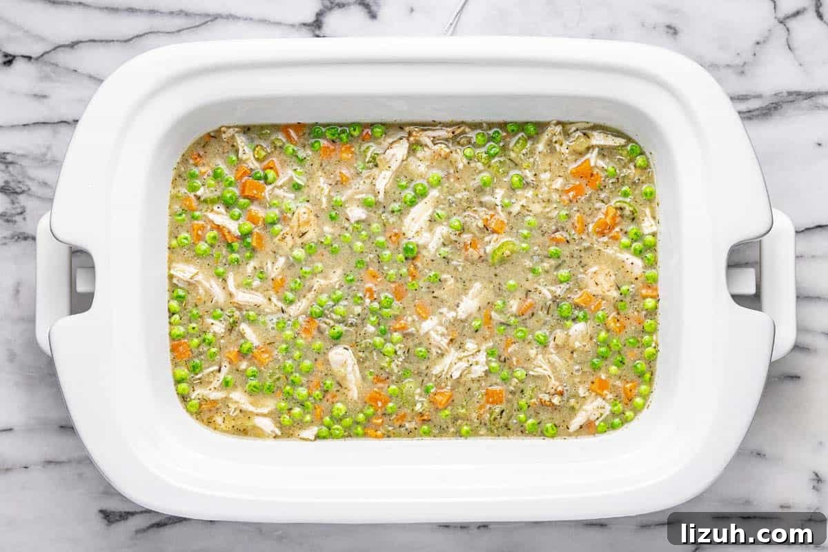 Slow Cooker Chicken and Dumplings: Comforting One-Pot Recipe 5 Slow cooker filled with creamy veggies and shredded chicken.