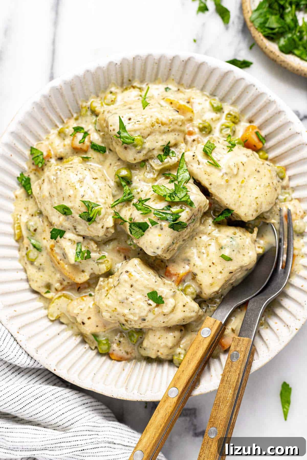 Slow Cooker Chicken and Dumplings: Comforting One-Pot Recipe 9 Bowl of crock pot chicken and dumplings garnished with fresh parsley.