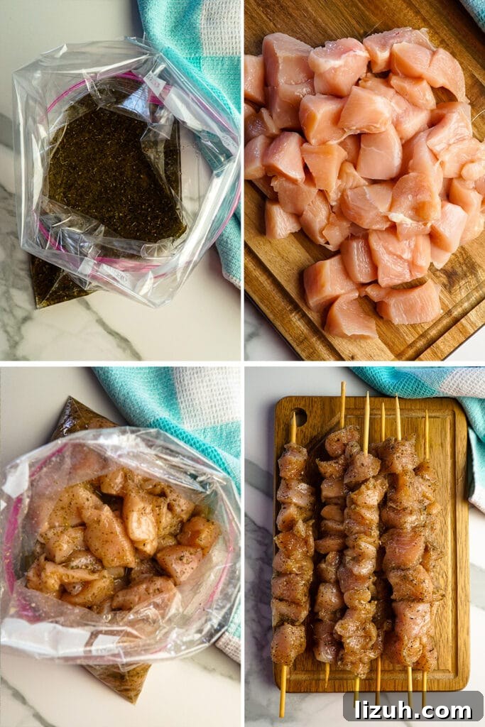 Authentic Greek Chicken Souvlaki Recipe with Tzatziki and Pita 5 Steps on how to make chicken souvlaki on wooden skewers.