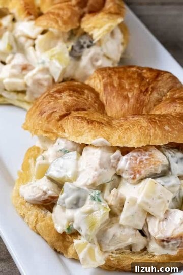 Dill Pickle Chicken Salad Sandwich with Swiss Cheese 9 two chicken salad croissant sandwiches on a platter