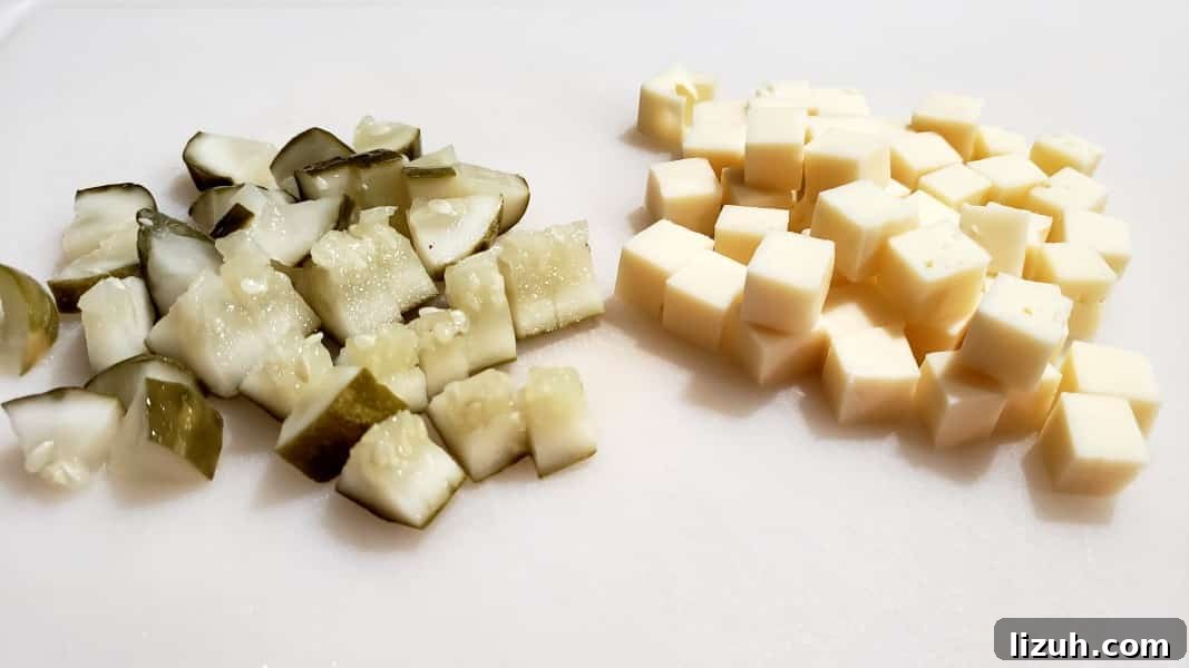 Dill Pickle Chicken Salad Sandwich with Swiss Cheese 4 diced dill pickles and swiss cheese.
