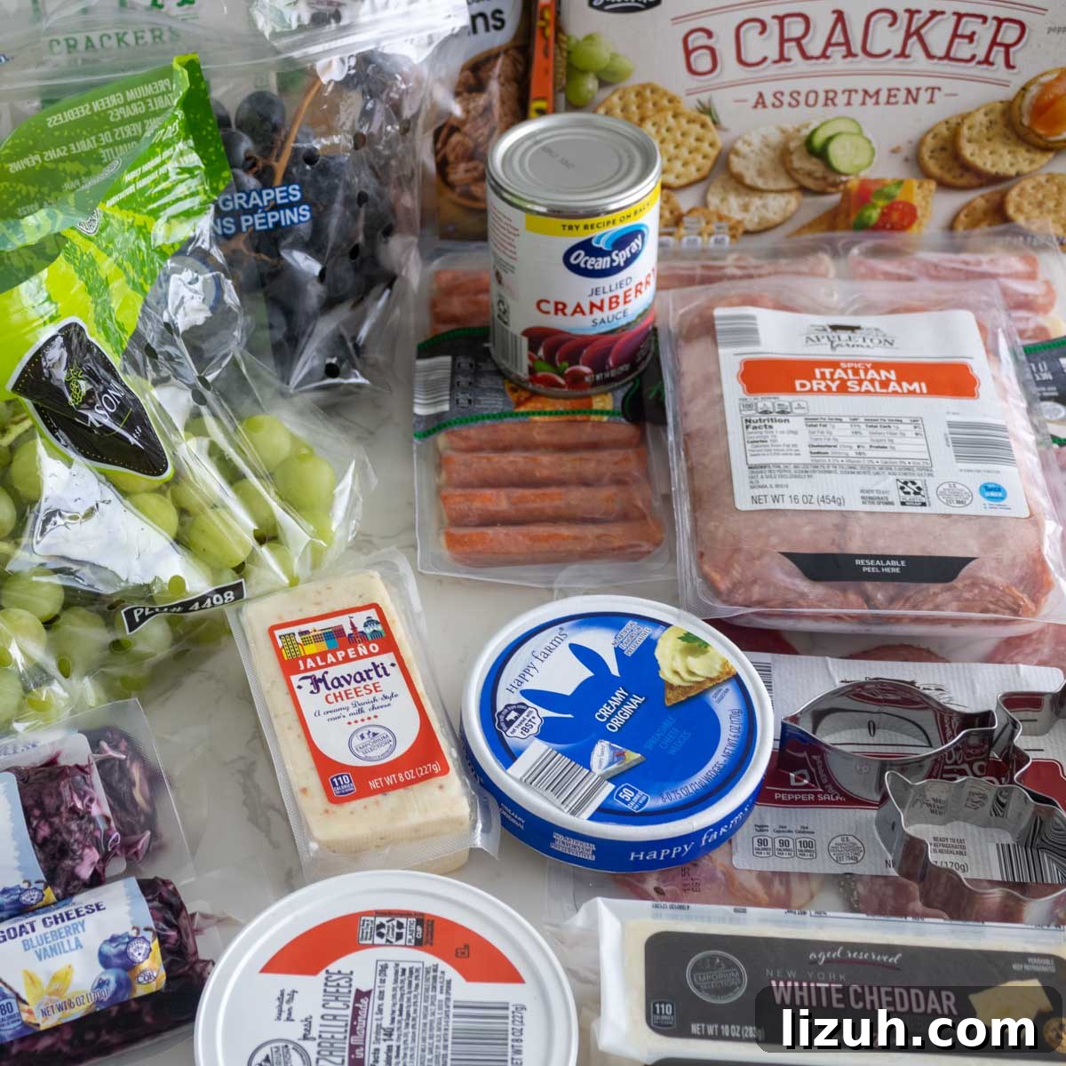 Meats, cheeses, cranberries, and crackers on a table.