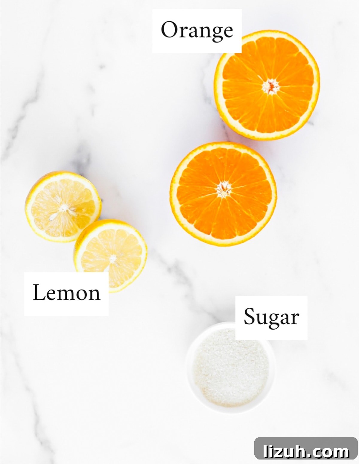 Homemade Orange Popsicles: Refreshing Citrus Ice Pops Recipe 3 Labeled ingredients including orange, lemon, and sugar