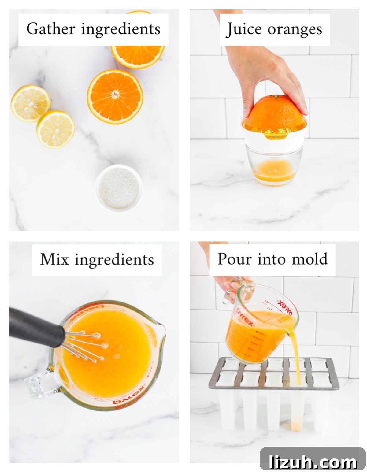 Homemade Orange Popsicles: Refreshing Citrus Ice Pops Recipe 4 Four-step photo collage showing how to make orange popsicles: gather ingredients, juice oranges, mix, and pour into mold