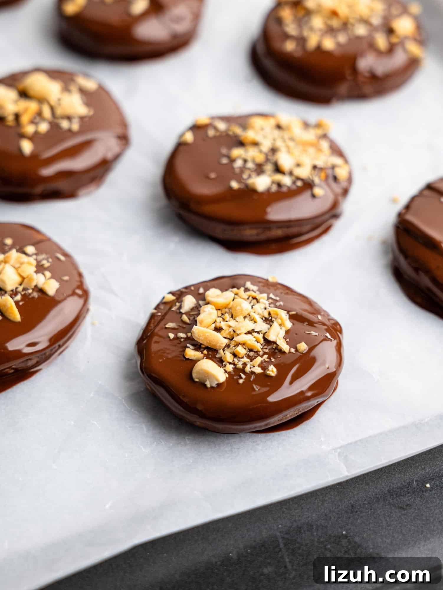 No bake peanut butter cookies dipped in dark chocolate with crushed peanuts on top.