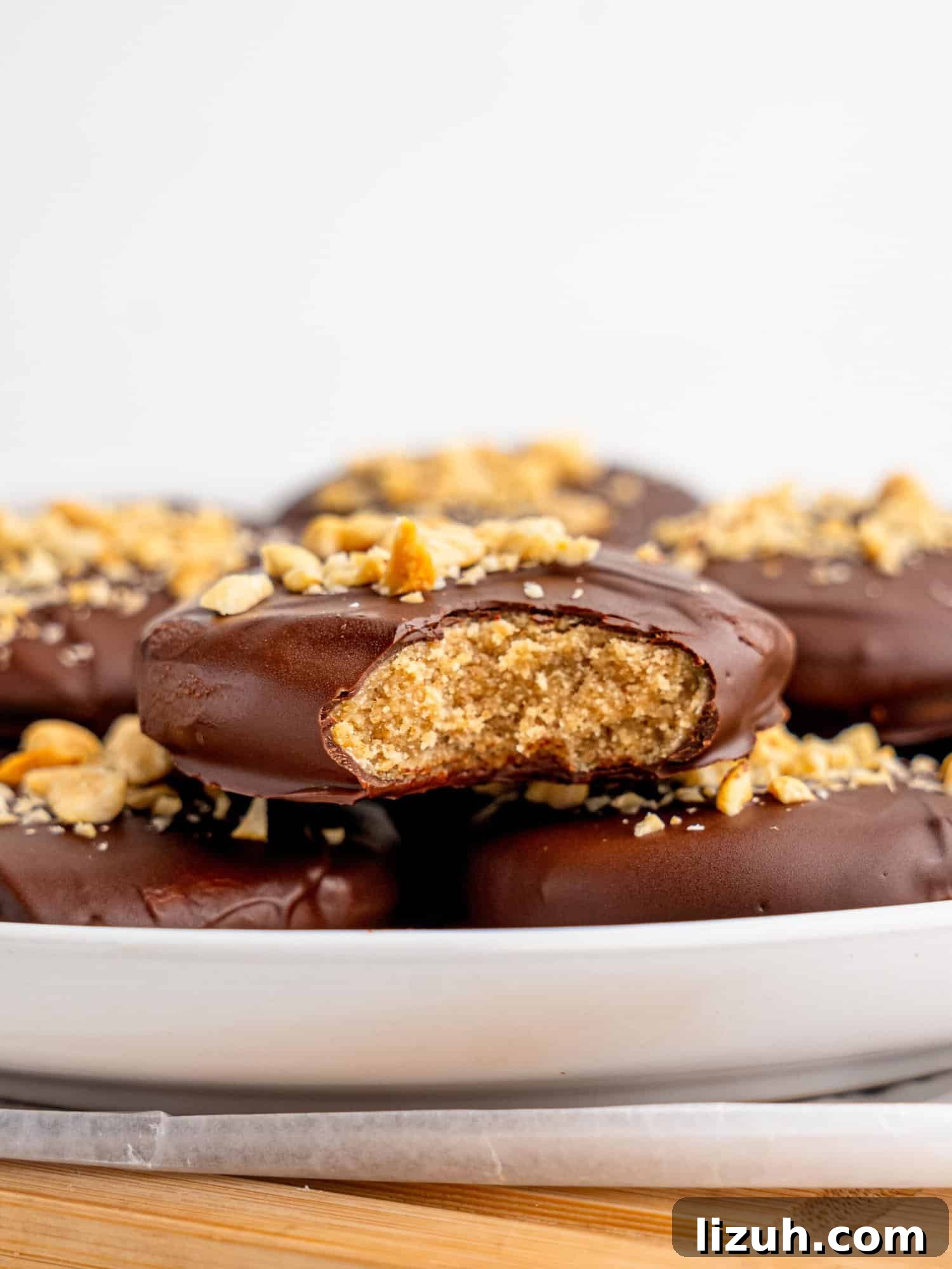 No bake peanut butter cookies on a white plate.