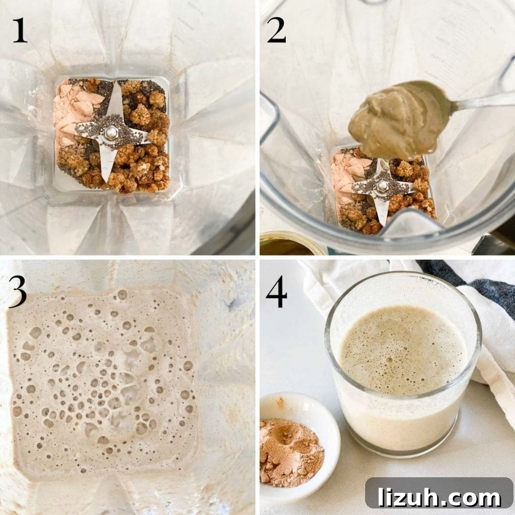 A step by step process of adding seeds to a smoothie and then blending