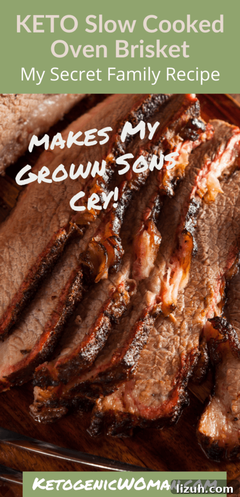 Keto Oven-Braised Brisket: Slow-Cooked Tender Brisket Recipe 9 Pinterest pin showing closeup of brisket slices