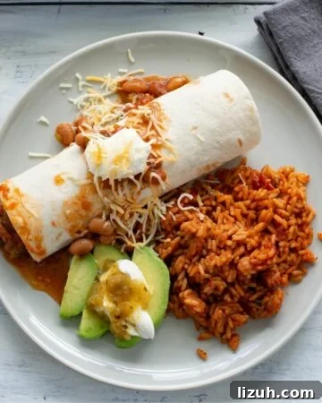 A dinner plate with crock pot chicken and bean burritos, sliced avocado and Spanish rice.