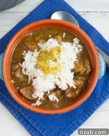 A terra cotta bowl filled with tender Green Chile Pork served with white rice and topped with Salsa Verde.