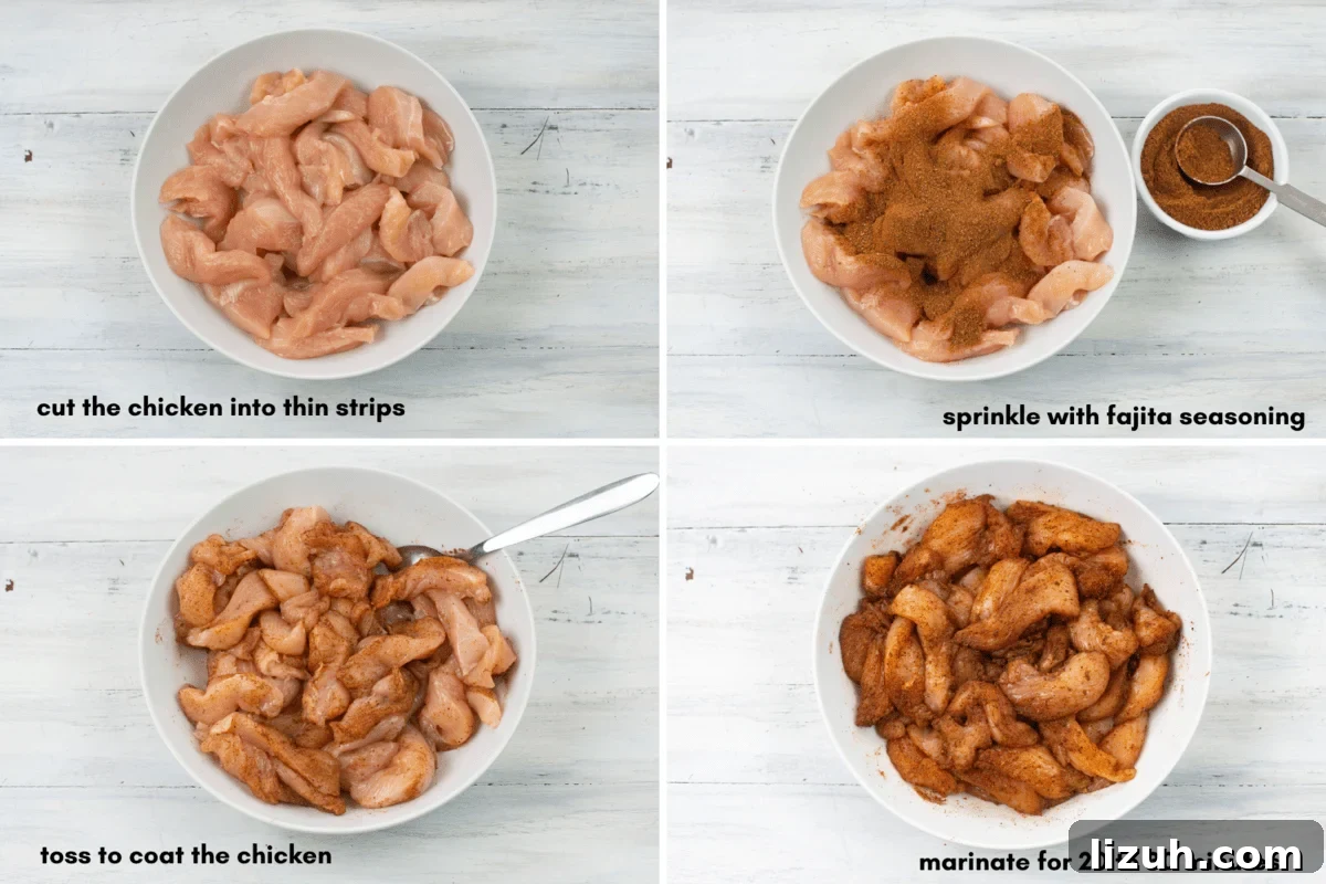 Images showing the four steps of marinating chicken to make fajitas.  
