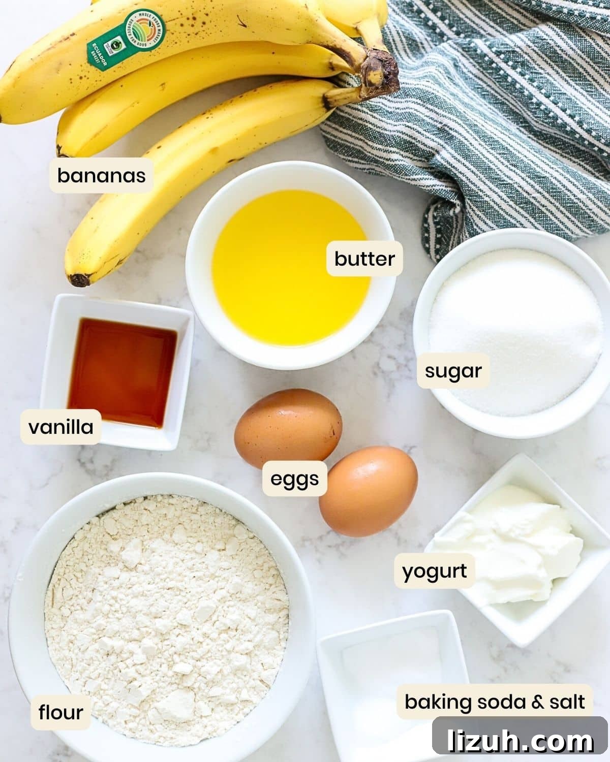 Moist Banana Bread with Crunchy Streusel Topping 4 Ingredients to make banana bread.